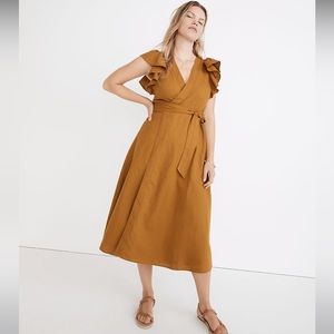 Madewell NEW Linen-Blend Ruffle-Sleeve Wrap Midi Dress XXS